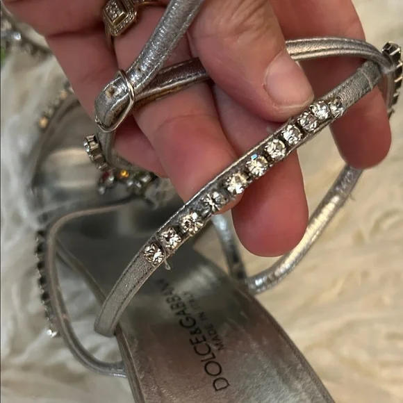 Dolce & Gabbana Silver Jeweled T-Strap Sandals with Green and Red Crystals 8.5 - Picture 7 of 8
